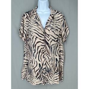 90s Vintage Top Womens Medium Beige Animal Print Zebra Button Tunic Brown